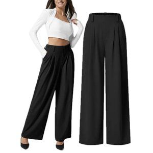Halara High-Waisted Plicated Wide-Leg Waffle Work Trousers (Black)
